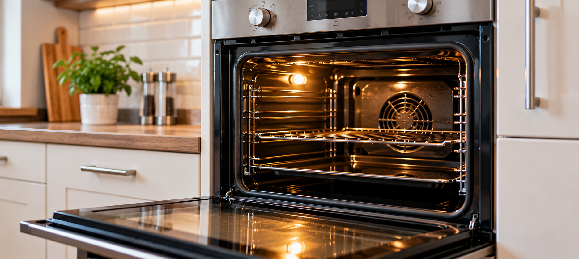 Electric oven open in a modern kitchen